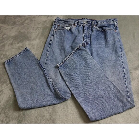Vintage Levi's 505 Pants Men's W36 L 34 Denim Blue Ankle Flat Front Distressed - Picture 1 of 13